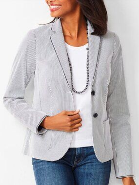 Talbots petite navy white striped piped Blazer